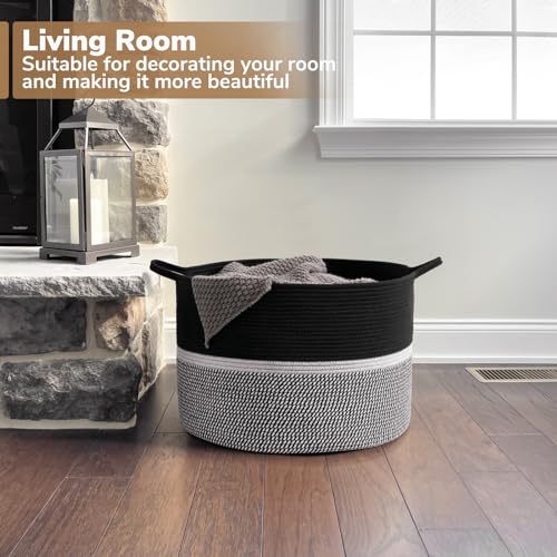 CHICVITA Extra Large Laundry Basket, Woven Rope Blanket Basket for Towels, Clothes, Toy Storage, Pillow Basket for Living Room, Family Room, 22 x 22 x 14 inches, Black - color: Black and Gray