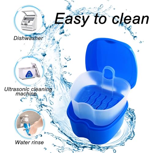 2 Pack Color Retainer Cleaner Case Denture Cups for Soaking Dentures, False Teeth Container Partial Denture Cleaning Case with Lid Travel - Lake Green and Dark Blue - color: Lake Green & Dark Blue