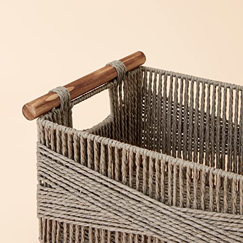 LA JOLIE MUSE Wicker Storage Baskets for Organizing, Recyclable Paper Rope Basket with Wood Handles, Decorative Hand Woven Basket Organizers for Makeup Books Shelves Living Room, Grey, Set of 2 - color: Grey