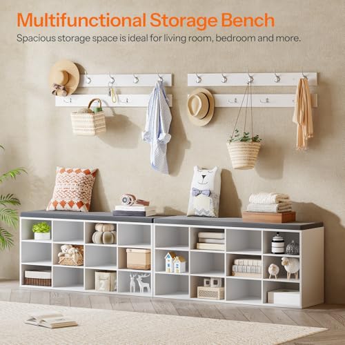 HOOBRO Shoe Storage Bench with Cushion, 39.4" L Entryway Bench with 12 Cubbies, Entryway Hall Tree with Storage, Cubby Shoe Rack Bench with Coat Rack for Hallway, Holds up to 330 lb, White WT112HX01 - color: White + Gray