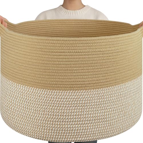 OIAHOMY 115L Extra Large Blanket Basket, 23.6" x 15.4" Woven Cotton Rope Laundry Basket for Organizing Pillows, Decorative Stuffed Animal Toy Storage Bin for Nursery, Jute and White - color: Jute and White, size: 23.6"D x 15.4"H