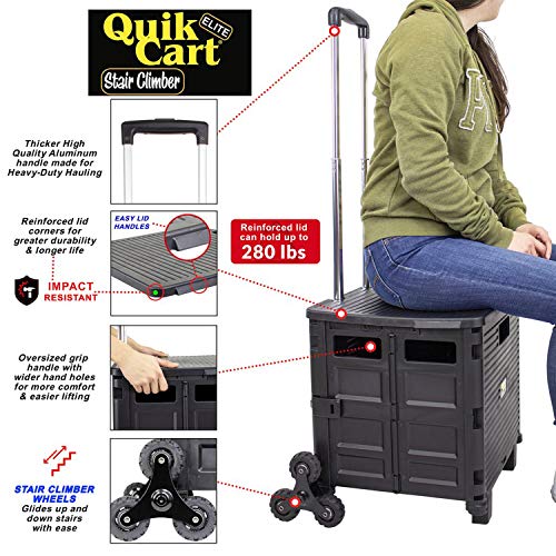 dbest products Quik Cart Elite Stair Climber Wheeled Rolling Crate Teacher Utility With seat Heavy Duty Collapsible Basket With Handle, Black - color: Black, style: Elite Stair Climber