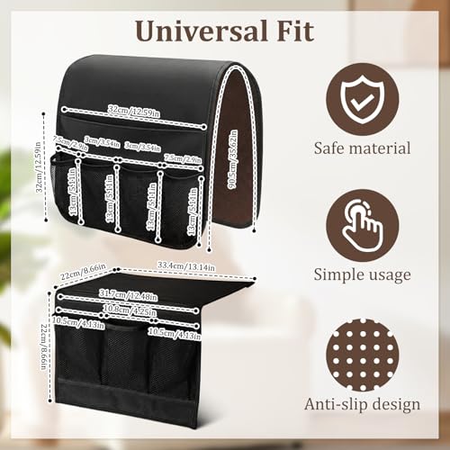 Bedside Caddy Organizer & Remote Control Holder for Couch, Non-Slip Armchair Caddy Storage with Multiple Pockets, TV Remote Holder for Bed, Sofa Armrest Organizer for Glasses Phone Magazine(2pcsBlack)