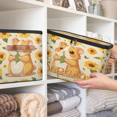 Custom Storage Basket with Name, Personalized Storage Bins with Zipper Lid, Foldable Fabric Storage Box Large capacity with Handle Sunflower Hamster - color: Option 23