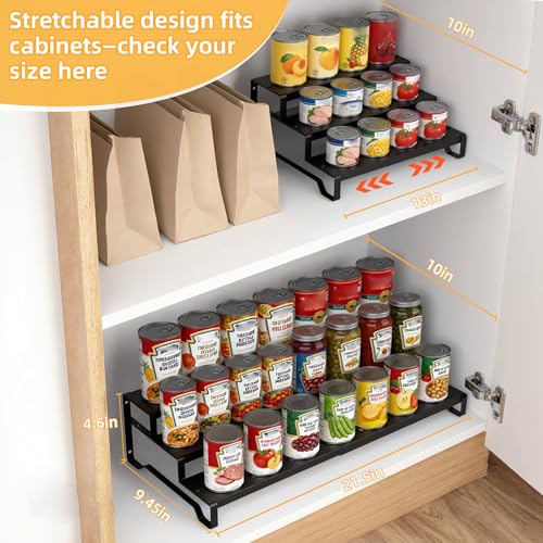 Attelite 3 Tier Expandable Can Rack Organizer for Pantry, Adjustable 13"-21" Metal Soda Can Organizer, Pantry Organization Canned Food Storage Holder for Kitchen Cabinet Countertop, Black 1Pack