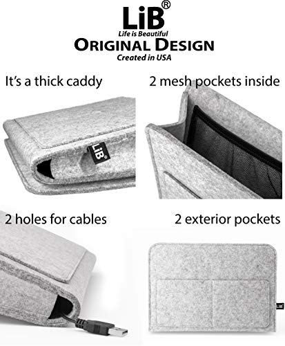 Lib Bedside Caddy, Original Design | Large Size 9.5" x 13.5" | Laptop Holder | 100% Handmade | College Room, Kids Bunk Bed, Hospital Bed | Night Hanging Storage Organizer (Light Gray)