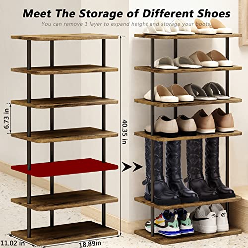AZERPIAN Shoe Rack 7 Tier Vertical Storage Organizer Double Row Narrow Metal Slim Shelf Modern Free Standing Shoe Tower Saving Space for Closet Entryway Bedroom,Black+Rustic Brown - color: Black+rustic Brown, size: 7 Tier-Double Row