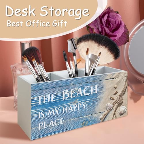 Seashell Coastal Beach Pen Holder for Home Office Kitchen Desk Decor, Beach Wooden Pencil Holder Sign Organizer for Home Office Desk Accessories, Coastal Gifts for Women Men - color: earthy yellow