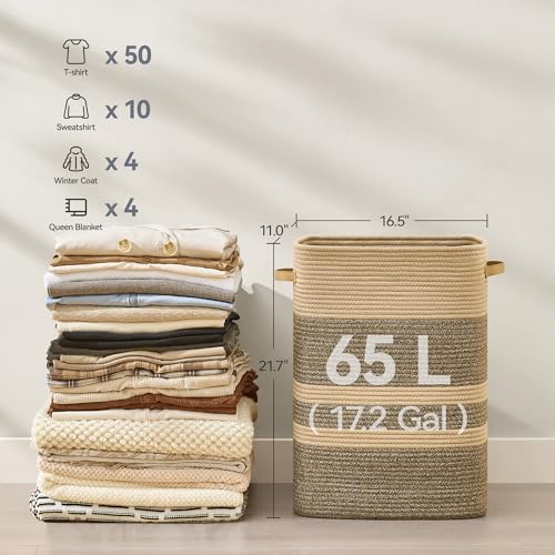 Nunsino Laundry Hamper,Laundry Basket with Leather Handles,Woven Storage Basket for Toys,Pillows,Blankets,Clothes,Dark&Brown - color: Dark&Brown, size: 65 L