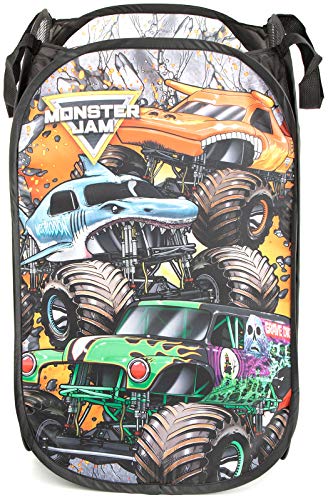 Jay Franco Monster Jam Break Out Pop Up Hamper - Mesh Laundry Basket/Bag with Durable Handles - Features Grave Digger & Megalodon - color: Monster Jam
