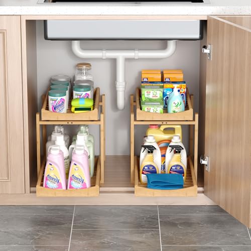 MHXW SXPN Bamboo Under Sink Organizer and Storage, Pull Out Cabinet Organization, 2 Tier Vertical Slide Out Undersink Storage Shelf, Organizer Shelves for Kitchen Bathroom Medicine (Natural, 2 Pack) - color: Natural, size: 2 Pack