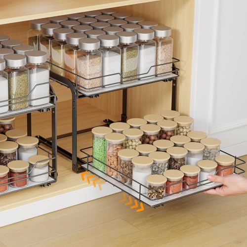 Spice Rack Organizer for Cabinet, 2 Tier Vertical Pull Out Spice Rack – Heavy Duty Metal Spice Organization for Cabinet, 60-Jar Capacity, Height Adjustable Cabinet Organizer, 13.58''Wx10.5''Dx9.5''H - size: 13.58"W X 10.5"D X 9.5"H - 2 Tier