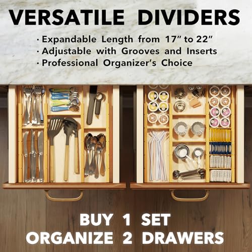 SpaceAid Bamboo Drawer Dividers with Inserts and Labels, Kitchen Adjustable Drawer Organizers, Expandable Organization for Home, Office, Dressers, 10 Dividers with 24 Inserts (17"-22" Natural) - color: NATURAL, size: 2.35''H, 17''-22''L, 10 Dividers