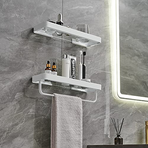 VOLPONE Bathroom Shelves Wall Mounted 2 Tier Glass Floating Shelf - Tempered Glass Wall Organizer (White) - color: White(rectangular)