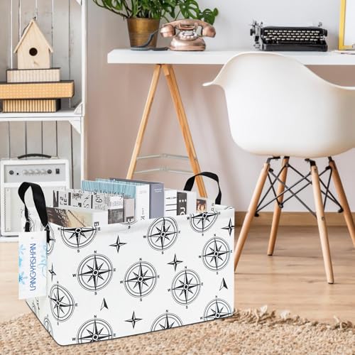 LANGYASHAN Rectangular Storage Bin Collapse Canvas Fabric Cartoon Storage Basket with Handles for Organizing Home Kitchen Boys and Girls Toys Office Closet Shelf Baskets (Rec Black Compass) - color: Rec Black Compass