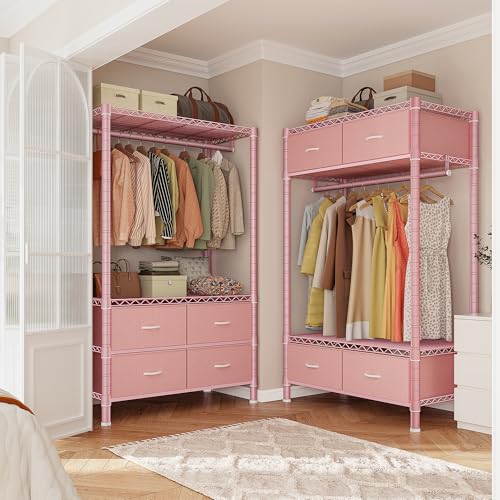 Raybee Clothes Rack, Clothing Rack for Hanging Clothes with 4 Drawers Load 420LBS Heavy Duty Garment Rack with Drawers, Pink - color: Pink, style: Clothes Rack with Drawers