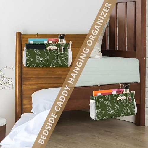 Bedside Caddy Metal Frame Hanging Organizer Bunk Bed Dorm Accessories Hook And Loop Storage Bag Large Pockets Green Branches - color: Green Branches