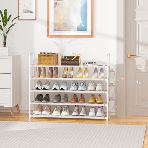OYREL 5 Tier Shoe Organizer, 33.3in Wide x 11.2in Deep x 35.6in Tall, Black Metal and Plastic Shoe Rack with Side Bag, Holds 20-25 Pairs of Shoes - color: White, size: 5 Tier