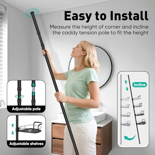 BlumWay Corner Shower Caddy Tension Pole, 4-Tier Adjustable Shower Organizer Shelves, Rustproof Bathroom Shower Organizer Corner Shelf for Bathtub Shampoo Storage, 32 to 116.5 Inch Height