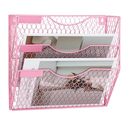 EASEPRES Mail Organizer Wall Mount Hanging File Holder Storage, Metal Chicken Wire Magazine Rack 3 Tier, Pink - color: Pink, size: 3 Tier