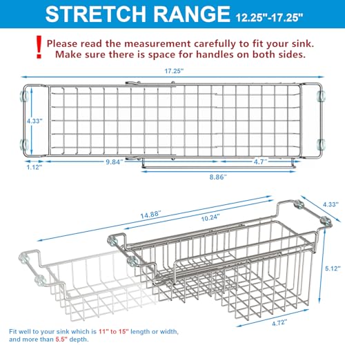Over The Kitchen Sink Caddy Sponge Holder Organizer Drying Rack Expandable for Sponge Brush Soap Dish Cloth Rag, Stainless Steel (12.25" to 17.25") - size: 12.25" to 17.25"