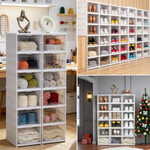 ZLLZUU Shoe Storage Box, No-Assembly 6 Tiers Foldable Shoe Organizer with Clear Door, Space-saving Shoe Rack，Sturdy Clear Plastic Stackable Sneaker Container - color: 6Tiers