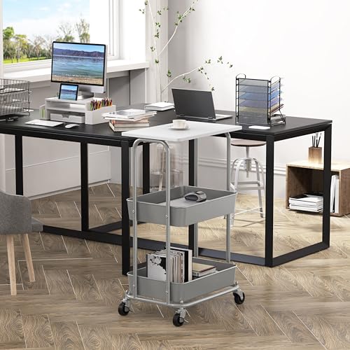 Simple Houseware 2-Tier Rolling Utility Cart with Lockable Wheels and Wood Top, Metal Storage Organizer Trolley for Kitchen, Bathroom, Office, Craft Room, White - color: White