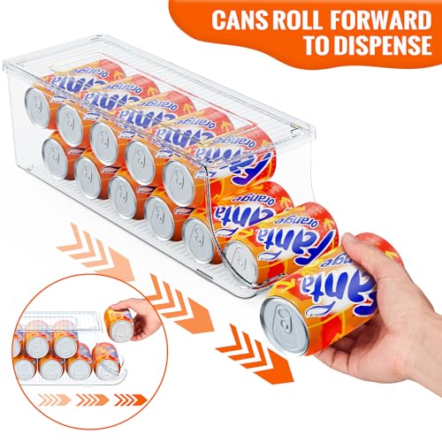 SCAVATA 2 Pack Soda Can Organizer for Refrigerator, Stackable Canned Food Pop Cans Container Can Holder Dispenser with Lid for Fridge Rack Freezer, Clear Storage Bins-Holds 12 Cans Each (Clear) - color: Clear