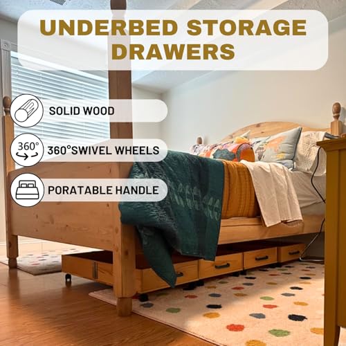 2-Pack Solid Wood Under Bed Storage with Wheels, Underbed Drawers Underneath with Handle - Wooden Crate Clothes Storage Containers Organizer (Light Brown) - Fits Any Size Bed