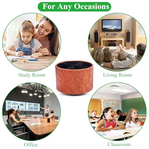 Hennaja Round Leather Art Supply Organizer,Remote Control Holder,360 Degree Spinning,Multi-Functional Pencil Holder,4 Compartments Desktop Stationary Organizer(1-Carved Brown) - color: 1-Carved Brown