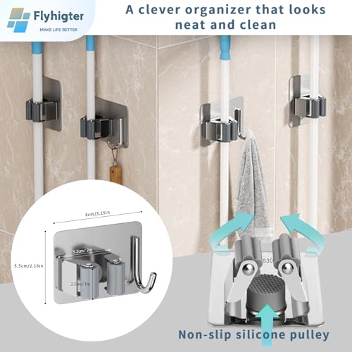 8 Pack Stainless Steel Mop Clips – Heavy Duty Wall Mounted Broom Holders, Rustproof & Tool-Free Install with Back Adhesive or Glue for Home and Garage - color: SILVER-8PCS