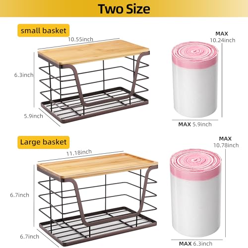 ALOCEO 2 Pack Stackable Wire Storage Basket with Bamboo Lip, Trash Bag Dispenser Under Sink for 4-13 Gal Bags, Kitchen Storage Bins for Potato and Onion, Brown - color: 2-pack - Xl&l Brown