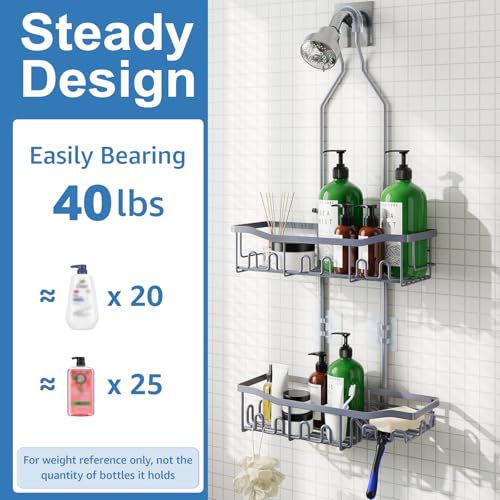 Shower Caddy, Upgraded Extended Length Shower Caddy Over Showerhead No Blocking to Showerhead, Rustproof Bathroom Organizers and Storage with Hooks Shampoo Soap Holder, Large Hanging Caddy - color: Grey - 2 Tier - Standard