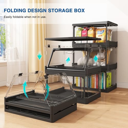 HYBRIDEAS 3-Pack Clear Stackable Storage Bins with Lids Magnetic Doors Open Front Foldable Folding Plastic Craft Containers Large Closet Organizers Box for Bedrooms Living Rooms Study 24 QT - color: Black