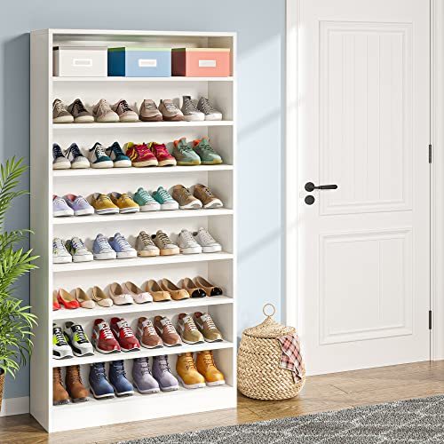 Tribesigns Shoe Cabinet, 9 Tiers 40-45 Pairs Heavy Duty Wood Freestanding Shoe Storage Cabinet, 70.8'' Tall Shoe Cabinet with Open Storage for Entryway, White - color: White