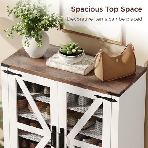 Maupvit 42.1" Farmhouse Shoe Cabinet with Ventilated Mesh Doors, 6-Tier Shoe Storage Cabinet with Adjustable Shelves & Metal Legs, Rustic Wooden Shoe Rack Organizer for Entryway, Hallway, Foyer, White - color: White