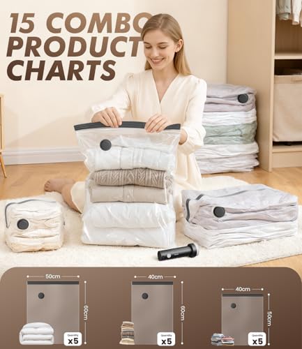 vacuum seal bags for clothing with pump - for Travel, Moving, College & Home Storage, 15 Pack with Rechargeable Electric Pump, 5 Jumbo & 5 Large & 5 Medium