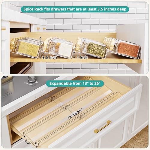 MIUKAA Acrylic Spice Drawer Organizer, 4 Tier - 8 Pack Seasoning Organizer for Drawer, Expandable From 13" to 26" Kitchen Drawer Spice Rack with Slip-Proof Mat (Jars not Included) - size: 8 Pack