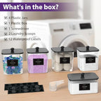 COAZEX 4+1 Pack Clear Laundry Pods Container & Dryer Sheet Holder, Plastic Square Laundry Room Organization and Storage Jars with Black Lids, Scoops & Labels for Detergent, Powder, Dryer Balls - color: 4+1 Pack