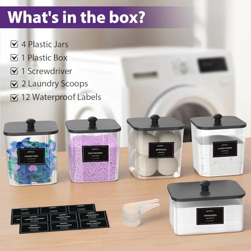 COAZEX 4+1 Pack Clear Laundry Pods Container & Dryer Sheet Holder, Plastic Square Laundry Room Organization and Storage Jars with Black Lids, Scoops & Labels for Detergent, Powder, Dryer Balls - color: 4+1 Pack