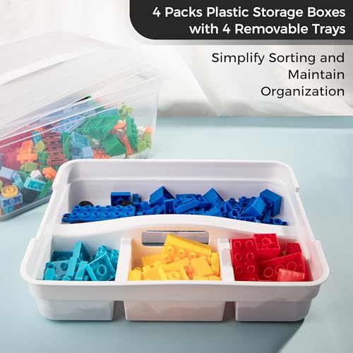 CraftGenes 4-Pack Craft Storage Box with Removable Tray, 20 QT Clear Plastic Storage Organizer with Lids, White Playdoh Storage Organizers for Crafts, Tools, Puzzles - size: 4-Pack