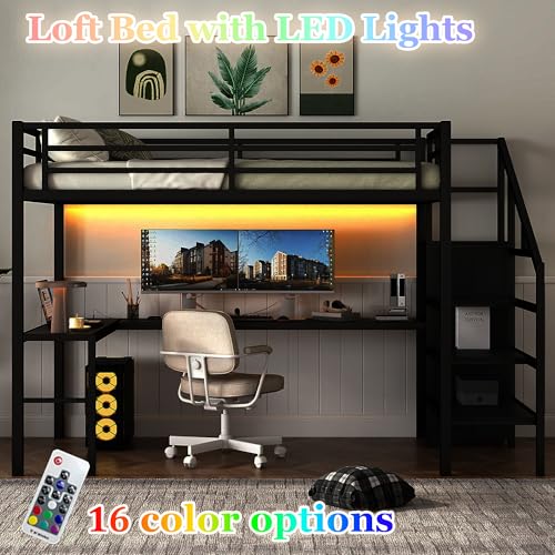 Bellemave Full Size Metal Loft Bed with L Shaped Desk and Wardrobe, Heavy Duty Loft Bed Frame with Storage Stairs, LED Loft Bed Frame with Charging Station & Safety Guardrails, Black - color: Black, size: Full