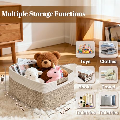 3 Pack Large Storage Basket for Organizing, 17.5"x13"x7" Woven Basket for Shelves, Closet Cube Storage Bins with Wrapped Handle, Cotton Rope Baskets for Kitchen, Clothes, Toys(Off White & Brown) - color: Off White & Brown, size: 3 Pack