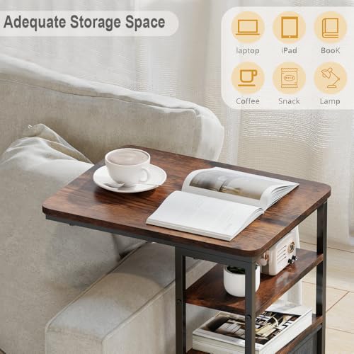 C Shaped End Table 28"(H) 3-Tier C Table with Storage Bag, Under Couch Table C-Shaped End Table with Storage Shelves and Bag for Living Room, Bedroom, or Office - color: Rustic Brown, size: Wood