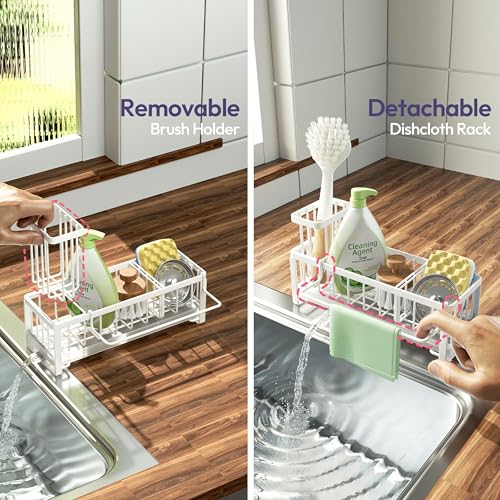 SWTYMIKI Sponge Holder for Kitchen Sink - Sink Caddy with Brush Holder Self-draining Sponge Caddy Organizer with Divider Stainless Steel Kitchen Accessories Storage for Countertop, White - color: White