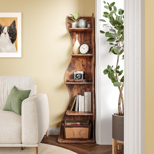 LITTLE TREE 70-Inch Corner Shelf, Seaweed Shaped Etagere Display Bookshelf, Freestanding 5-Tier Wall Shelves for Small Spaces, Living Room, Bedroom, Rustic, 2 Pack - color: Rustic, size: 2 Pack