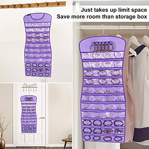 Hanging Jewelry Organizer Dual Sided 84 Clear Pockets and 6 Hook Loops Storage for Holding Jewelries Hair Accessories Dress Shaped Earring Holder (84 Pockets and 6 Hook Loops -Purple) - color: 84 Pockets and 6 Hook Loops -Purple