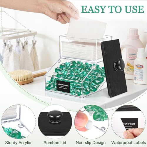 2 in 1 Dryer Sheet Holder & Laundry Pods Container, Laundry Detergent Organizer Container with Lid, Acrylic Laundry Room Organization Storage Containers with Labels, Dishwasher Pod Holder - color: Black - New 1
