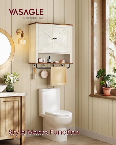 VASAGLE LIRY Collection - Bathroom Wall Cabinet, Farmhouse Wall-Mounted Medicine Storage Cabinet with 2 Barn Doors, Adjustable Shelf, Towel Bar, 7.9 x 23.6 x 28.7 Inches, Rustic White UBBK131W01S - size: 7.9"D x 23.6"W x 28.7"H