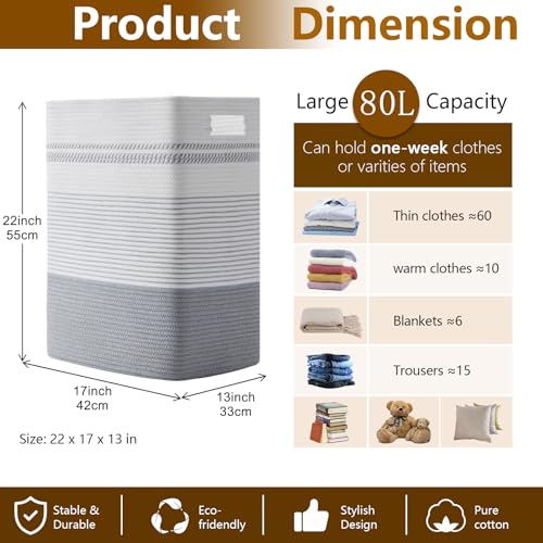 80L Large Cotton Rope Laundry Basket for Bedroom & Laundry Room, Tall Clothes Hamper with Sturdy Handles, Neutral Storage Bin Capable of Holding Blankets and Toys - color: Grey & White, size: 80L